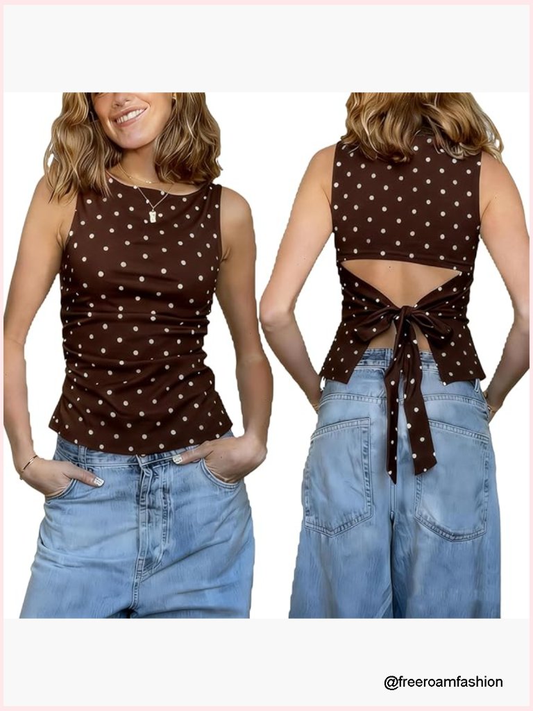 Y2k Polka Dot Boat Neck Tank Top Sleeveless Fitted Side Ruched Tie Back